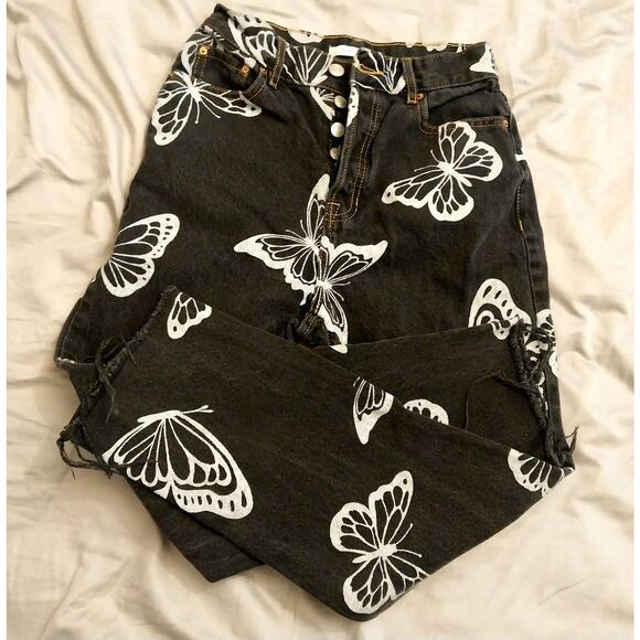 PacSun High Rise Straight Leg Black Jeans Silver Butterfly Print Junior Size 25 - Picture 2 of 14
